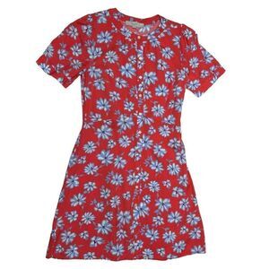 LOFT Pink Blue Floral A-Line Dress Button up Short Sleeve Mini Dress Flowers
